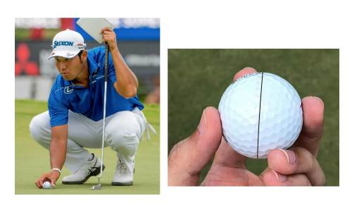 Hideki Matsuyama lining up his putt